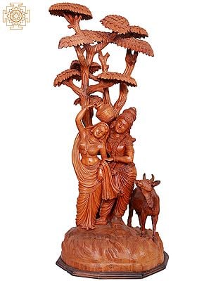 43"  Large Wooden Standing Radha Krishna Under Tree with Cow