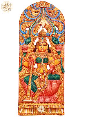 36"  Large Wooden Colorful Goddess Lakshmi Seated on Lotus