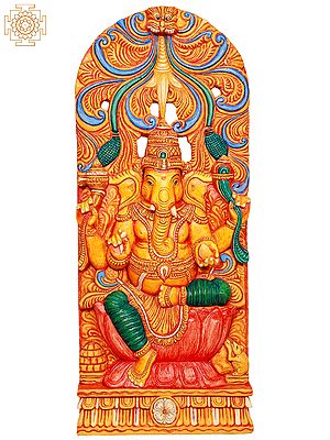 36"  Large Wooden Colorful Chaturbhuja Lord Ganesha Seated on Lotus