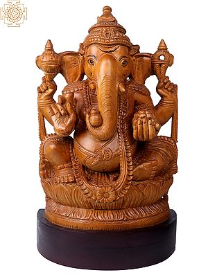 17" Wooden Beautiful Lord Ganesha Seated on Lotus