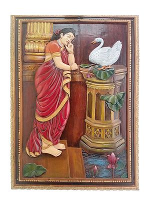 42" Wooden Beautiful Damayanti with Swan Wall Panel