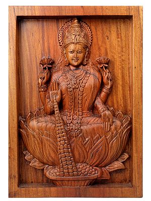 14" Wooden Goddess Lakshmi Seated on Lotus Wall Panel
