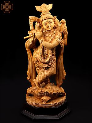 14" Wooden Shri Krishna Standing on Lotus