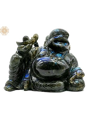 6" Small Laughing Buddha Carved in Labradorite Gemstone