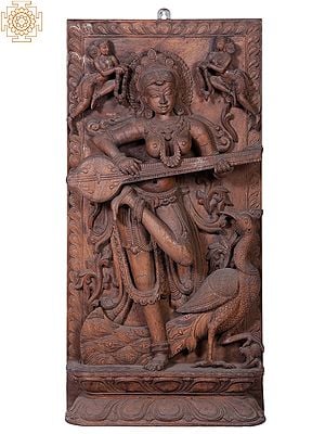 "Veenavadini"  Large Wooden Goddess Saraswati Playing Veena Wall Panel (Classical Aesthetic)