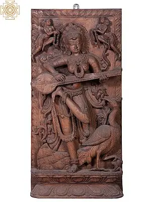 Goddess Saraswati Idol Playing Veena | Large Wooden Wall Panel (Classical Aesthetic)