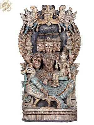48" Large Wooden Lord Brahma with Goddess Saraswati Seated on Swan