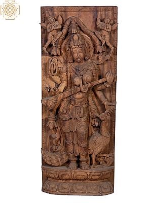 36" Large Wooden Standing Devi Saraswati with Peacock
