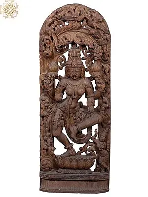 42" Large Wooden Goddess Lakshmi Dacing on Pedestal