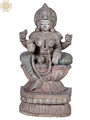 24" Wooden Goddess Lakshmi Seated on Lotus