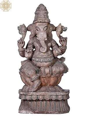 24"  Wooden Lord Ganesha Seated on Lotus Pedestal