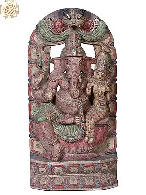 24" Wooden Shakti Ganapati Idol with Kirtimukha