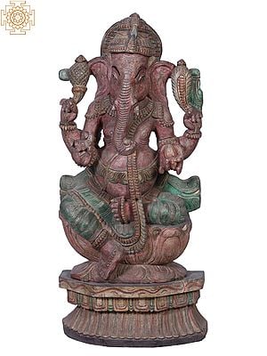 24"  Wooden Lord Ganapati Seated on Lotus Pedestal