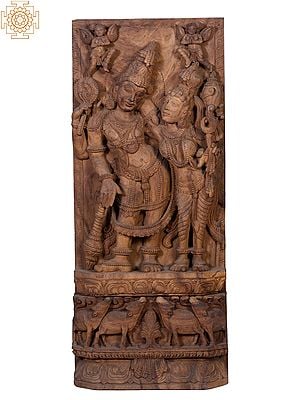 36" Large Wooden Lord Vishnu with Goddess Lakshmi