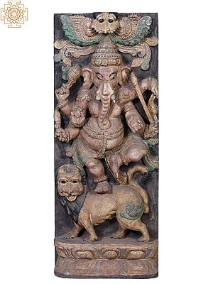 36" Large Wooden Lord Ganesha Standing on Lion