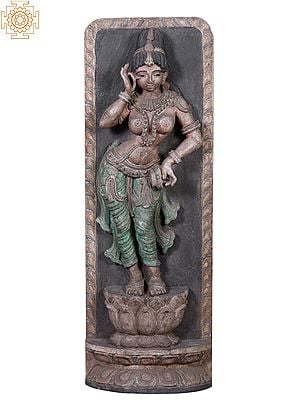42" Large Wooden Lady Standing on Lotus Pedestal