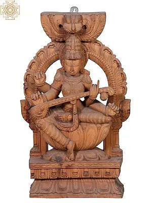 26" Wooden Goddess Saraswati Seated on Kirtimukha Throne