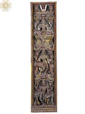 48" Large Wooden Lord Vishnu Seated in Multiple Forms Panel