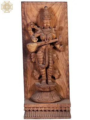 36" Wooden Standing Goddess Saraswati on Pedestal