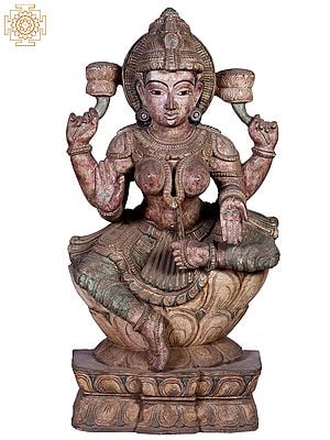 36" Wooden Goddess Lakshmi Seated on Lotus Pedestal