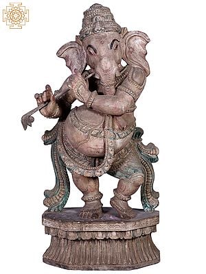 37" Wooden Standing Lord Ganesha Playing Flute