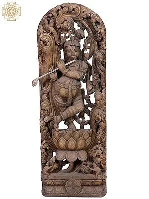 Lord Krishna Playing Flute: Large Wooden Sculpture (42")