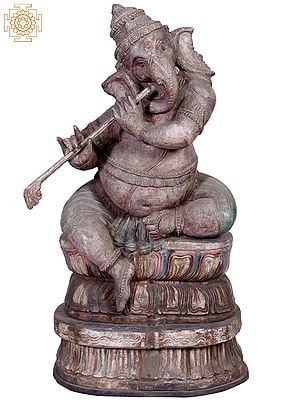 24" Wooden Sitting Ganesh Playing Flute