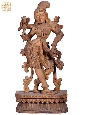 Wooden Standing Lady with Parrot (Shuka) Sculpture