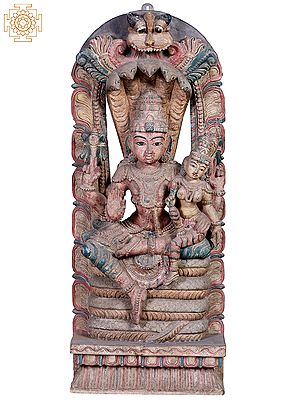 36" Wooden Lord Vishnu with Devi Lakshmi Seated on Sheshnag