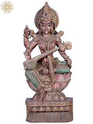 36"  Large Wooden Goddess Saraswati Seated on Lotus