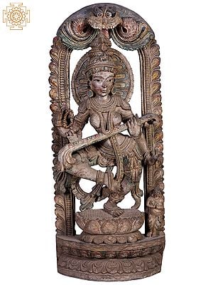 36"  Large Wooden Dancing Goddess Saraswati on Lotus
