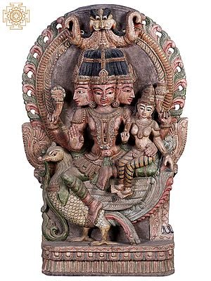 36"  Large Wooden Sitting Lord Brahma with Goddess Saraswati