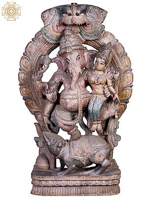 36"  Large Wooden Siddhi Ganesha on Rat with Kirtimukha Throne