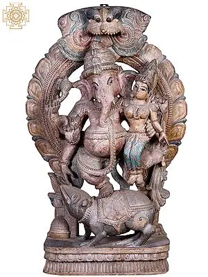 36"  Large Wooden Siddhi Ganesha on Rat with Kirtimukha Throne