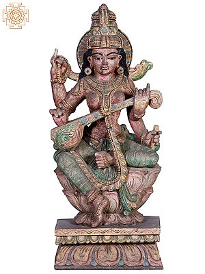 36"  Large Wooden Sitting Devi Saraswati Playing Veena