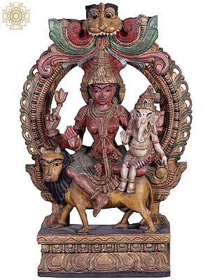 36"  Large Wooden Devi Parvati Seated on Lion with Bal Ganesha