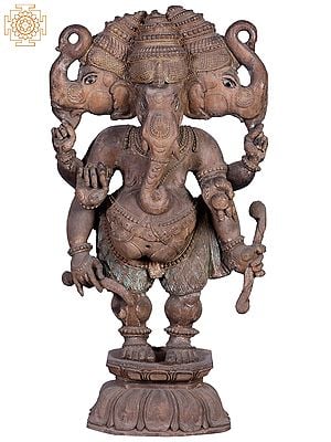 34"  Large Wooden Standing Three Heads Lord Ganesha
