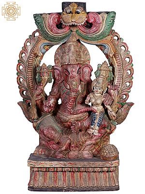 36"  Large Wooden Sitting Lord Ganesha with Siddhi
