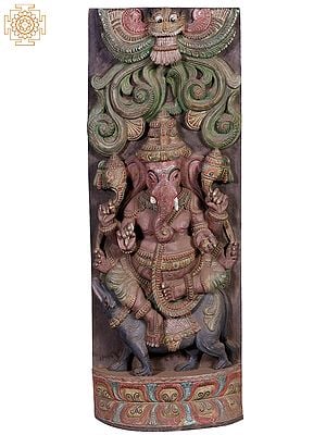 36"  Large Wooden Lord Ganesha Seated on Rat | Wall Panel