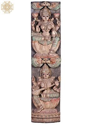 48"  Large Wooden Devi Lakshmi & Devi Saraswati | Wall Panel