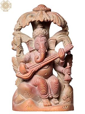 4" Small Pink Stone Lord Ganesha Playing Sitar Seated Under Tree