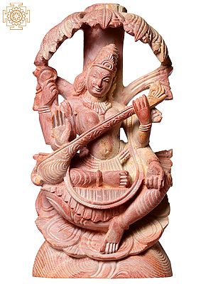 4" Small Pink Stone Goddess Saraswati Seated Under Tree