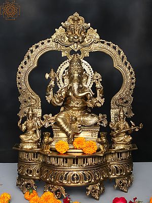 23" Lord Ganesha with Goddess Lakshmi and Saraswati (Hoysala Art)