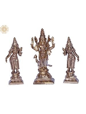 7" Lord Karttikeya with Devasena & Valli | Madhuchista Vidhana (Lost-Wax) | Panchaloha Bronze from Swamimalai