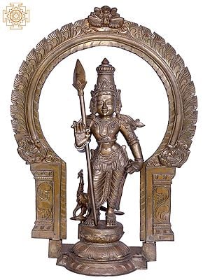 30" Standing Lord Karttikeya with Kirtimukha Throne | Madhuchista Vidhana (Lost-Wax) | Panchaloha Bronze from Swamimalai