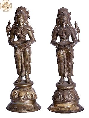 13" Pair of Deep Lakshmi | Handmade | Madhuchista Vidhana (Lost-Wax) | Panchaloha Bronze from Swamimalai