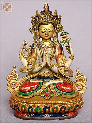 7" Colorful Chenrezig Statue Copper Gilded with Gold from Nepal