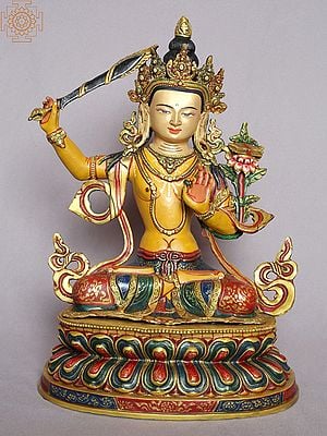 13" Colorful Manjushri Gilded Copper Statue from Nepal