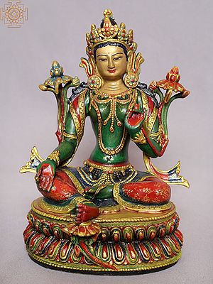 8" Goddess Green Tara Sculpture from Nepal | Copper Gilded with Gold