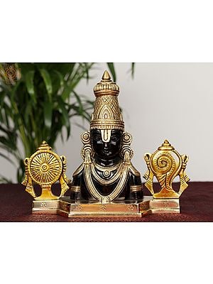 10" Brass Tirupati Balaji Bust with Chakra & Conch